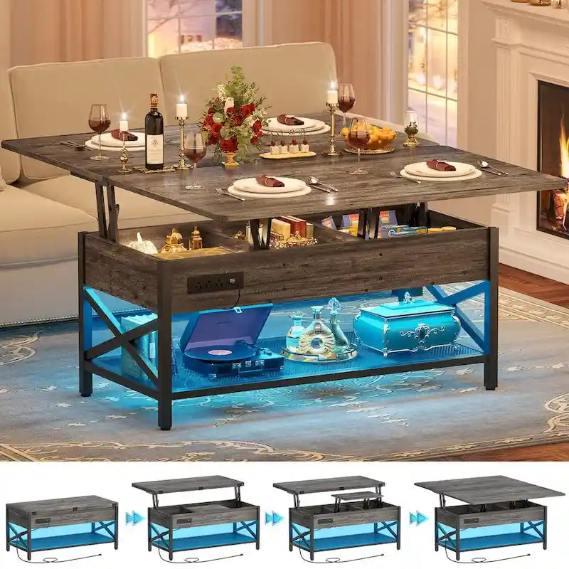 Table basse multifonctionnelle de style campagnard avec plateau relevable, se transforme en table à manger, avec lumière LED et prise de courant.