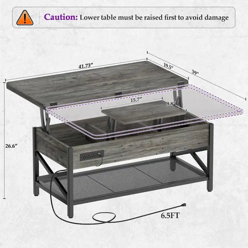 Table basse multifonctionnelle de style campagnard avec plateau relevable, se transforme en table à manger, avec lumière LED et prise de courant.