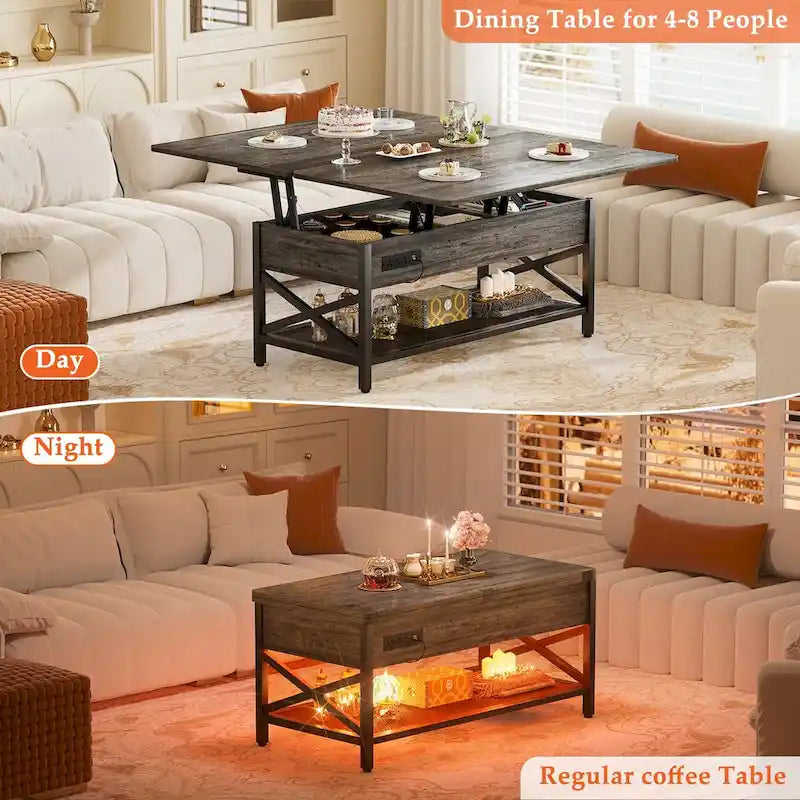 Table basse multifonctionnelle de style campagnard avec plateau relevable, se transforme en table à manger, avec lumière LED et prise de courant.