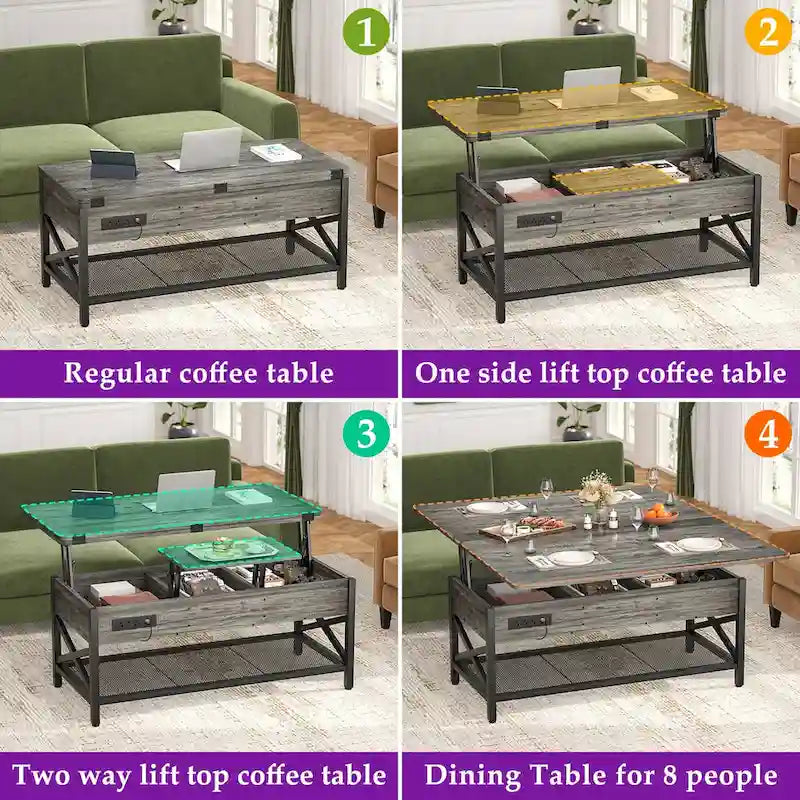 Table basse multifonctionnelle de style campagnard avec plateau relevable, se transforme en table à manger, avec lumière LED et prise de courant.