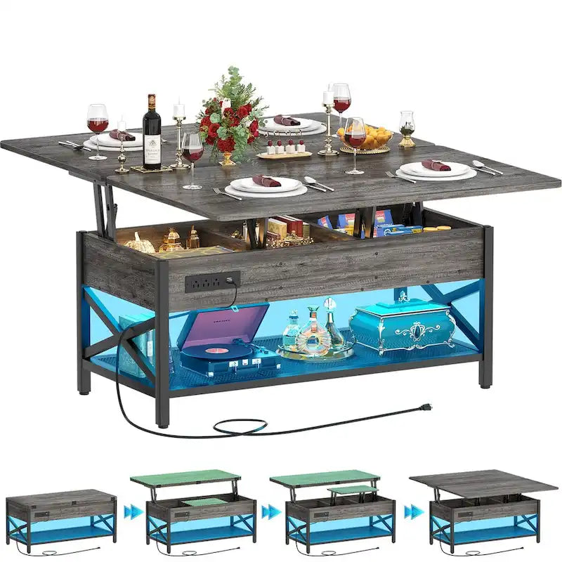 Table basse multifonctionnelle de style campagnard avec plateau relevable, se transforme en table à manger, avec lumière LED et prise de courant.