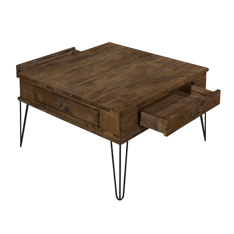 Itti Table Basse Carrée de Salon, 2 Tiroirs, Bois Marron, Noir, 81 cm