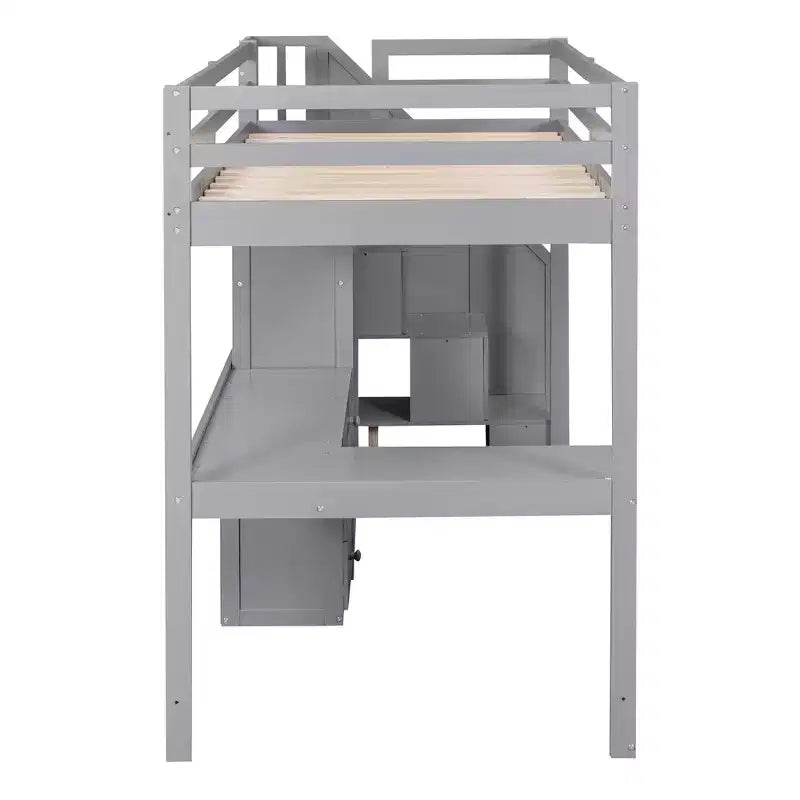Lit mezzanine une place avec bureau en L, 3 tiroirs, placard, rangements intégrés dans l'escalier, en pin massif/MDF
