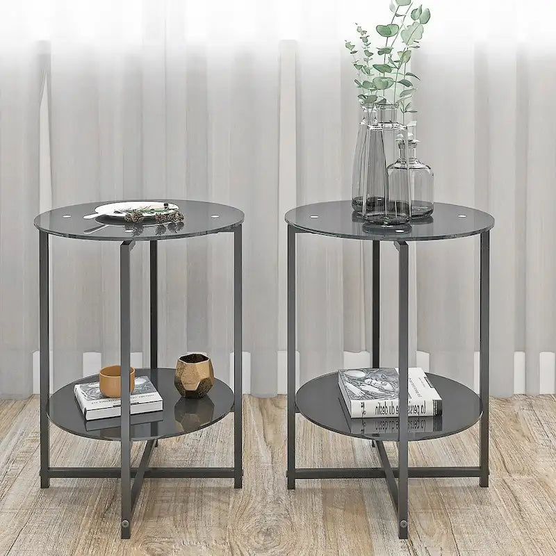 Lot de 2, table d'appoint en verre trempé, table basse ronde pour chambre à coucher, salon, bureau