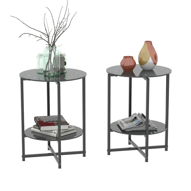 Lot de 2, table d'appoint en verre trempé, table basse ronde pour chambre à coucher, salon, bureau