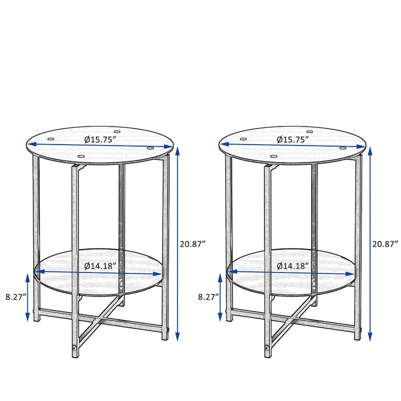 Lot de 2, table d'appoint en verre trempé, table basse ronde pour chambre à coucher, salon, bureau