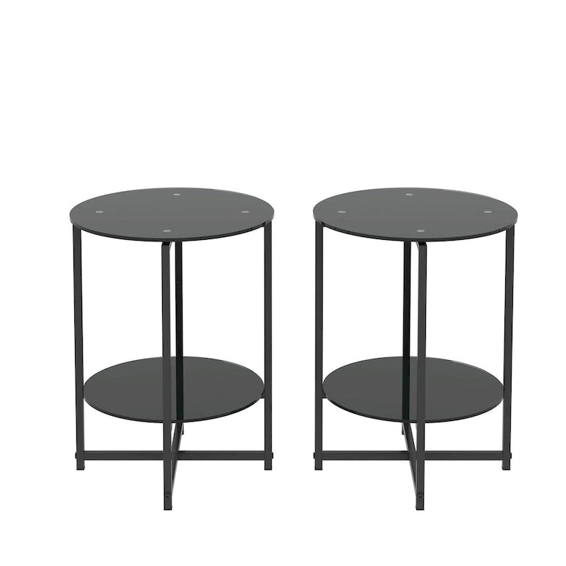 Lot de 2, table d'appoint en verre trempé, table basse ronde pour chambre à coucher, salon, bureau