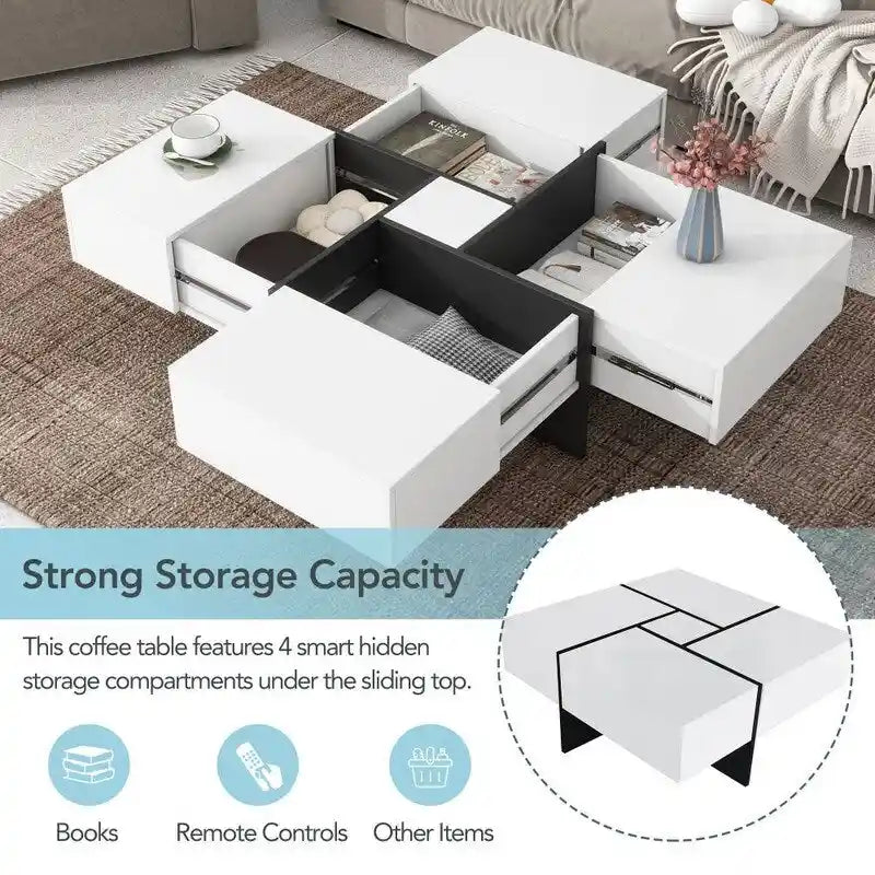 Table basse au design unique avec plateau coulissant extensible