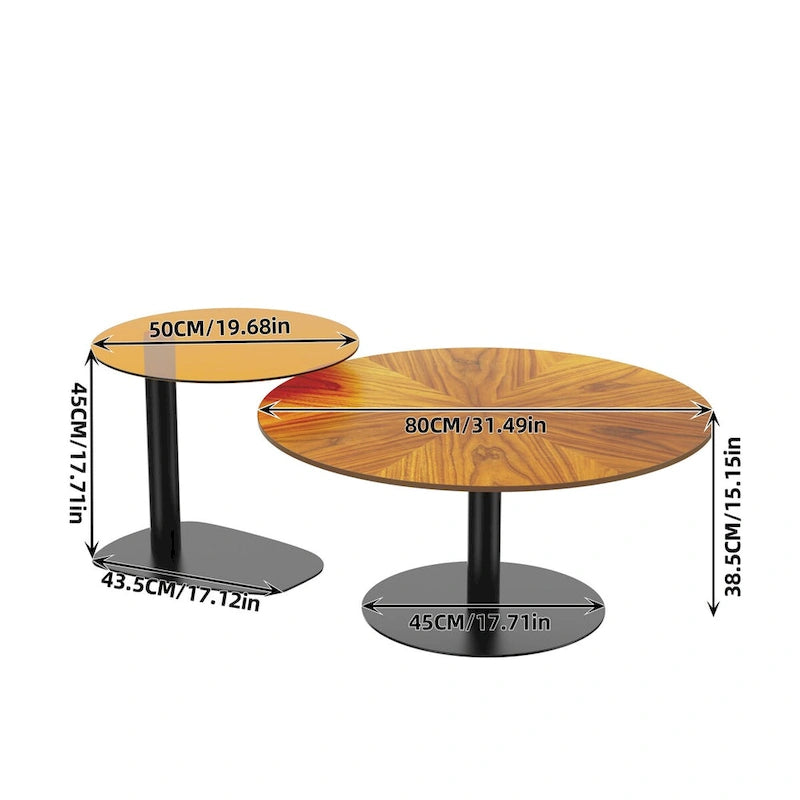 Lot de 2 tables basses d'appoint rondes gigognes modernes avec plateau en verre ardoise