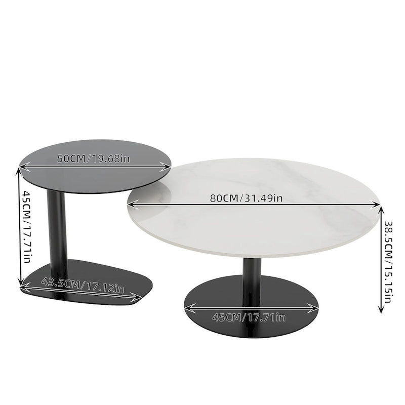 Lot de 2 tables basses d'appoint rondes gigognes modernes avec plateau en verre ardoise