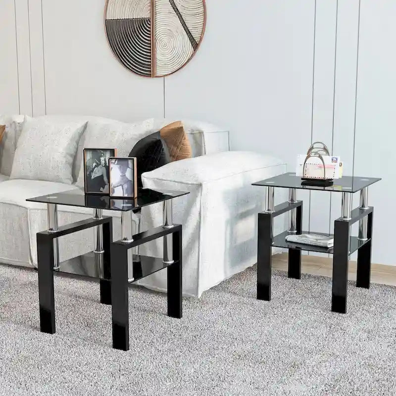 Lot de 2 tables basses, tables d'appoint, tables de salon carrées en verre trempé moderne, noires