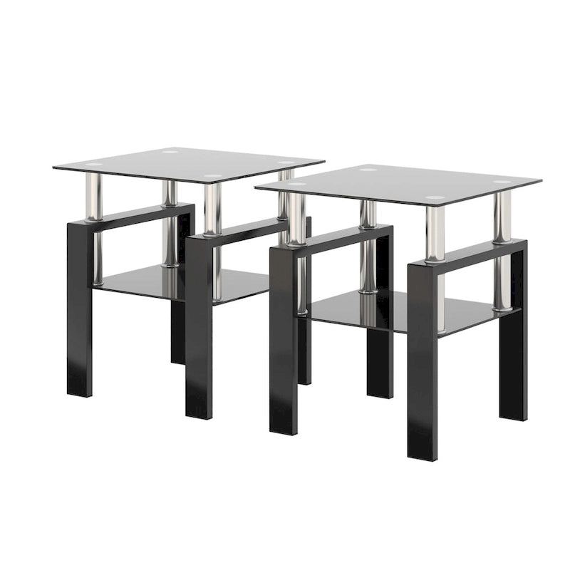 Lot de 2 tables basses, tables d'appoint, tables de salon carrées en verre trempé moderne, noires