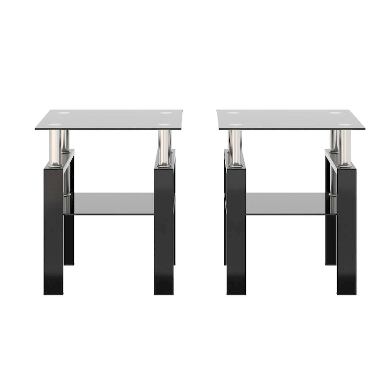 Lot de 2 tables basses, tables d'appoint, tables de salon carrées en verre trempé moderne, noires