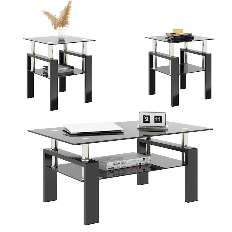 Lot de 2 tables basses, tables d'appoint, tables de salon carrées en verre trempé moderne, noires