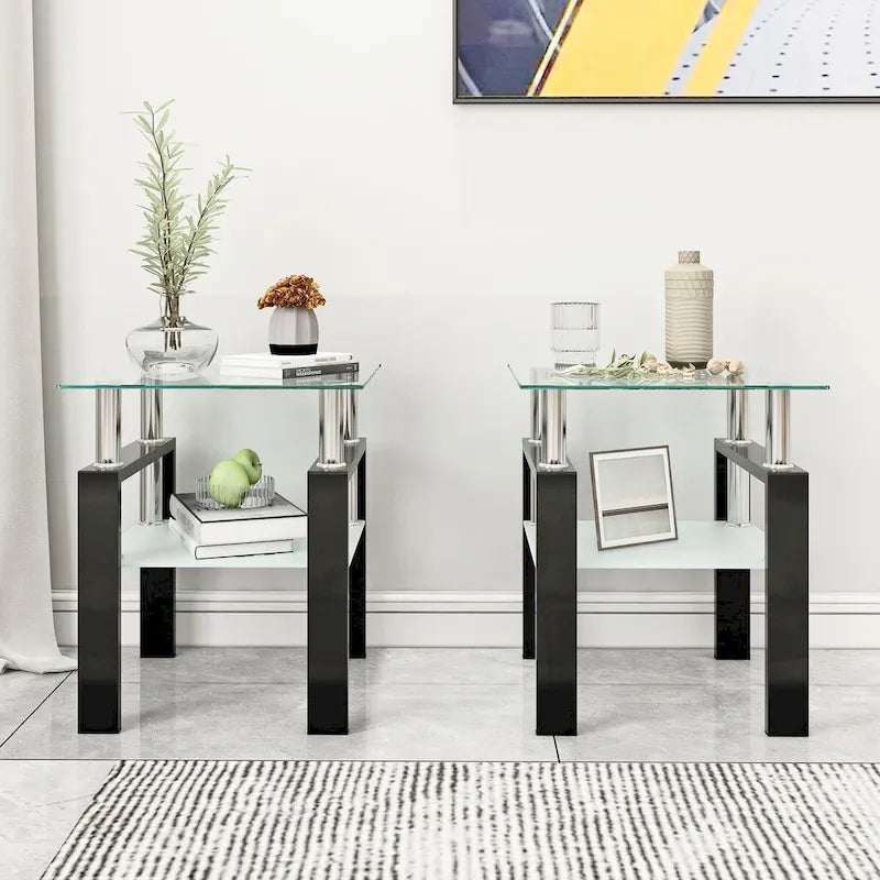 Lot de 2 tables basses, tables d'appoint, tables de salon carrées en verre trempé moderne, noires