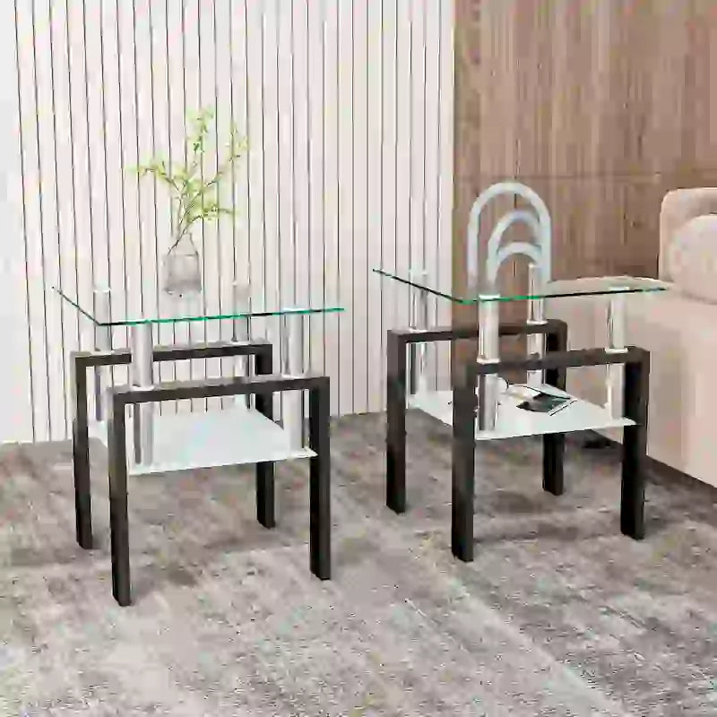 Lot de 2 tables basses, tables d'appoint, tables de salon carrées en verre trempé moderne, noires