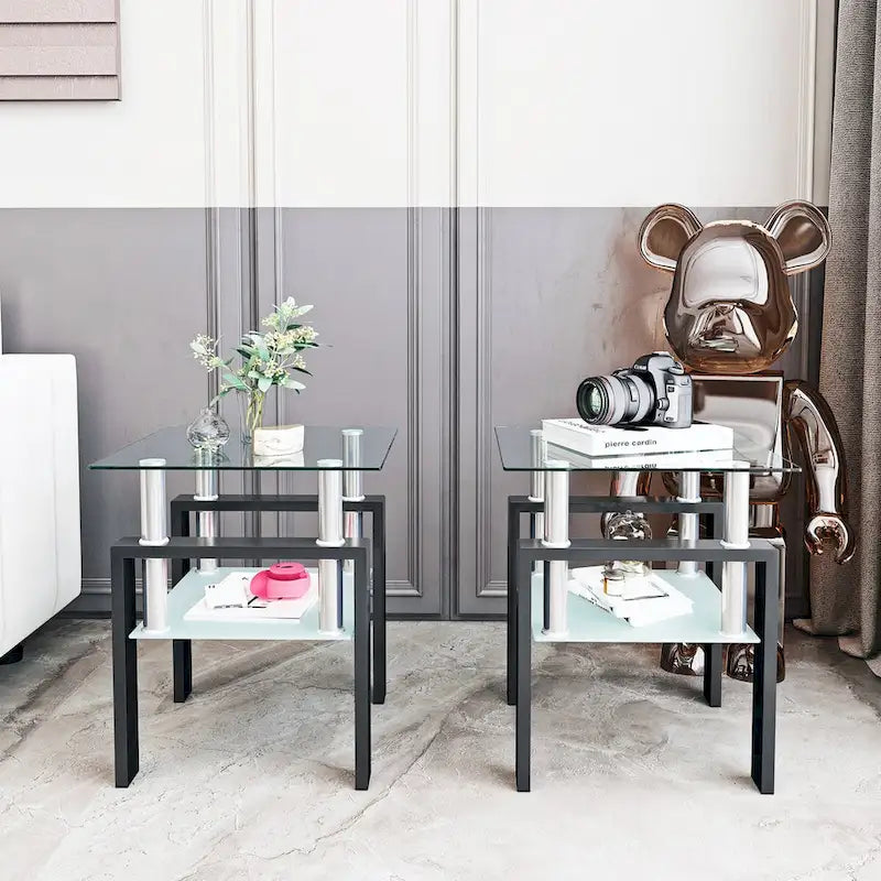 Lot de 2 tables basses, tables d'appoint, tables de salon carrées en verre trempé moderne, noires