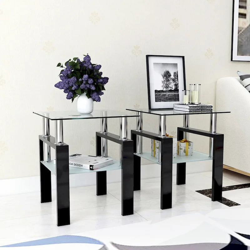 Lot de 2 tables basses, tables d'appoint, tables de salon carrées en verre trempé moderne, noires