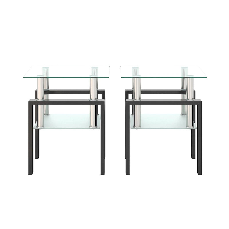 Lot de 2 tables basses, tables d'appoint, tables de salon carrées en verre trempé moderne, noires