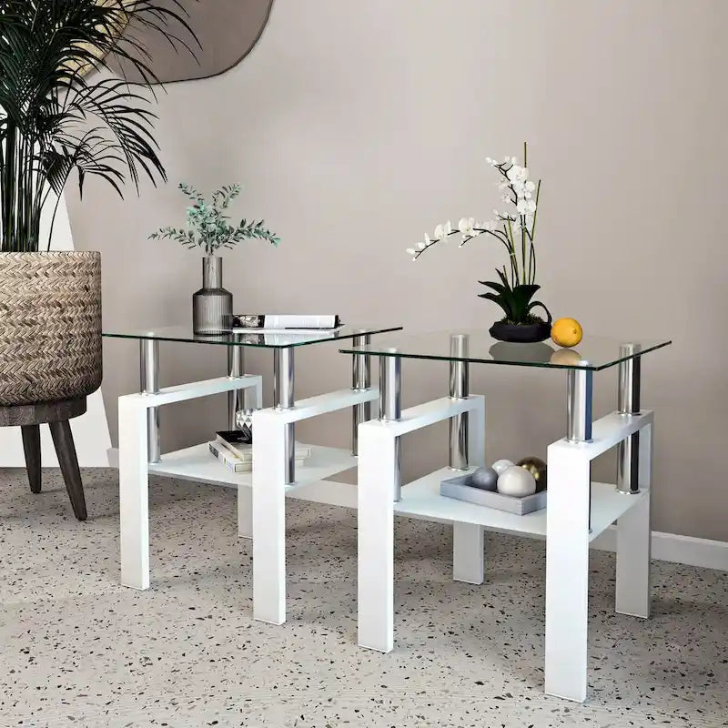 Lot de 2 tables basses, tables d'appoint, tables de salon carrées en verre trempé moderne, noires
