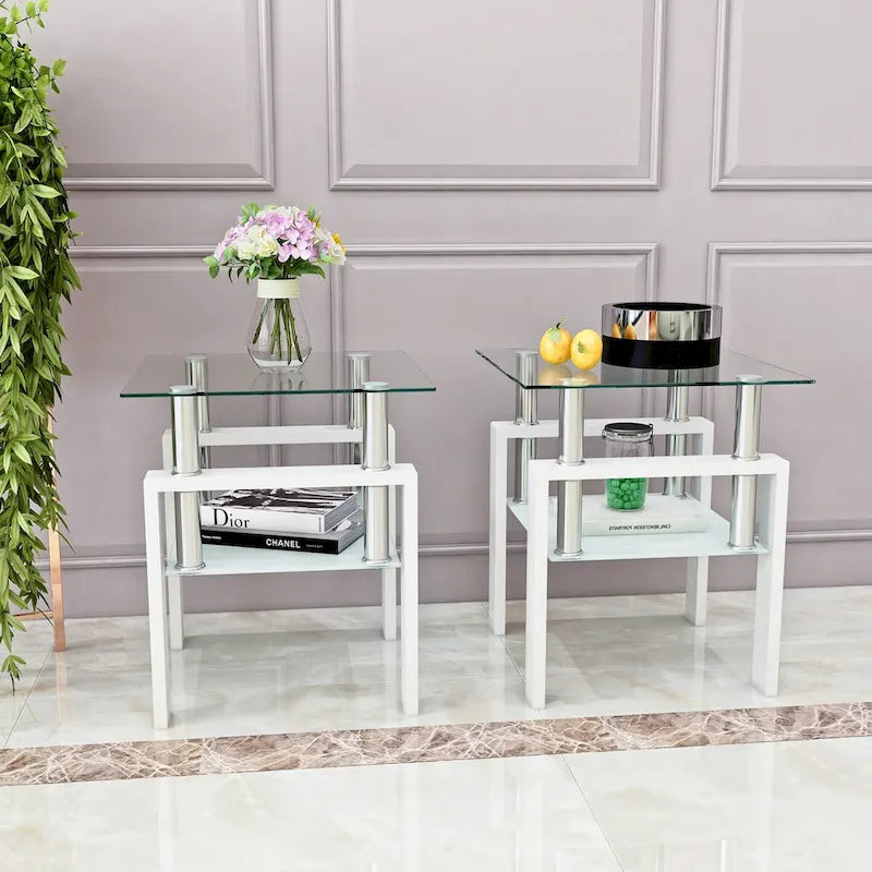 Lot de 2 tables basses, tables d'appoint, tables de salon carrées en verre trempé moderne, noires