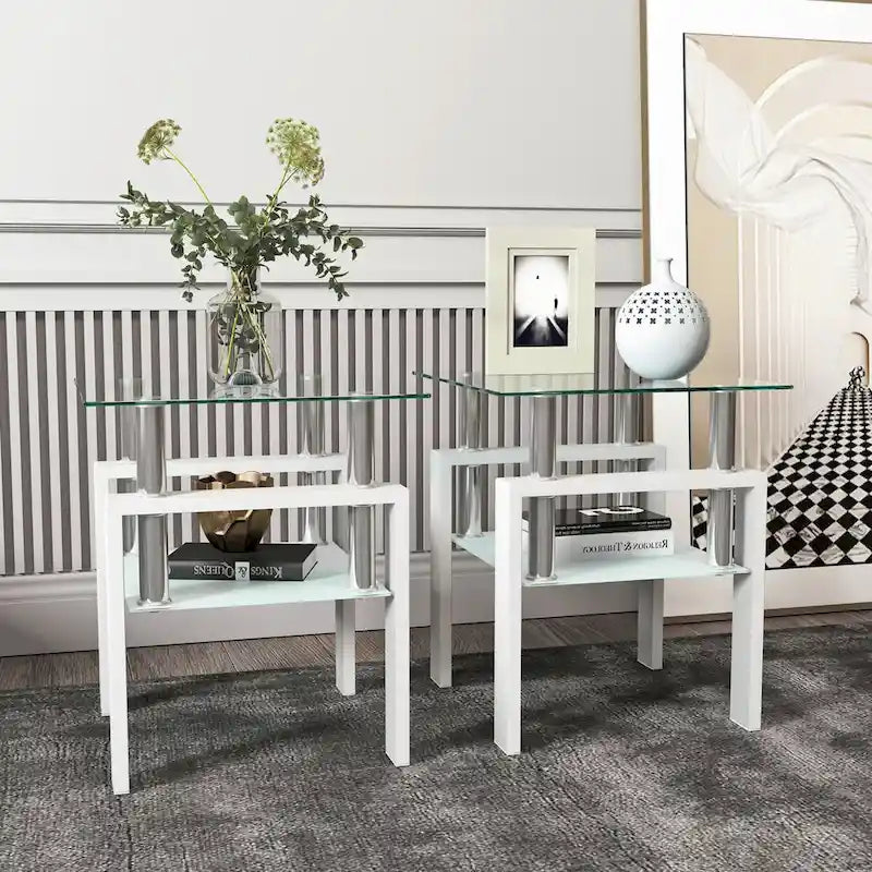 Lot de 2 tables basses, tables d'appoint, tables de salon carrées en verre trempé moderne, noires