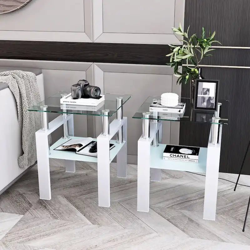 Lot de 2 tables basses, tables d'appoint, tables de salon carrées en verre trempé moderne, noires