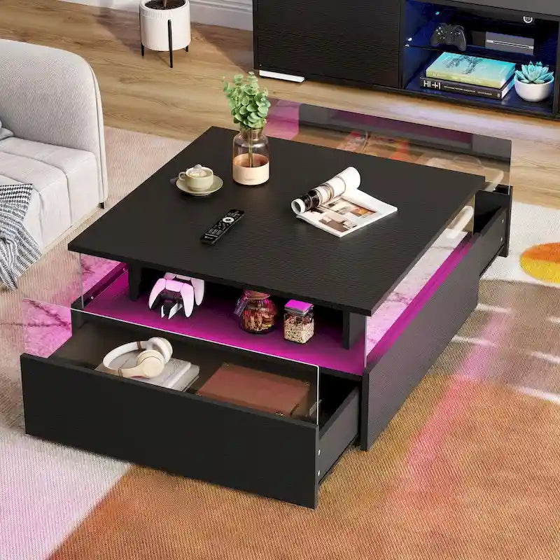 Table basse carrée moderne Moasis avec tiroirs et lumière LED, table de centre en acrylique et bois