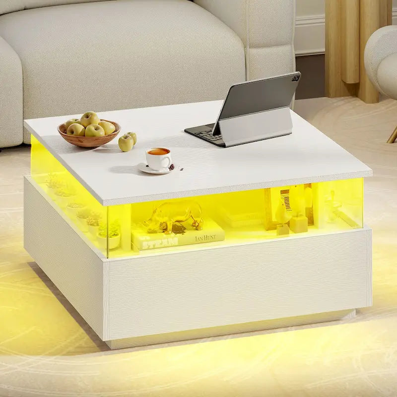 Table basse carrée moderne Moasis avec tiroirs et lumière LED, table de centre en acrylique et bois