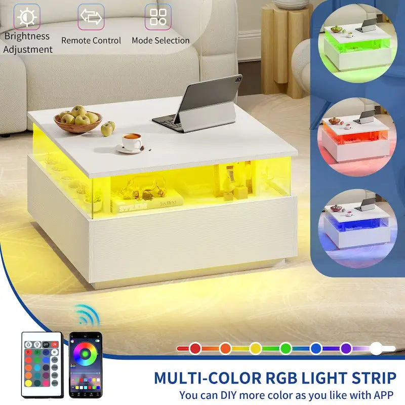 Table basse carrée moderne Moasis avec tiroirs et lumière LED, table de centre en acrylique et bois