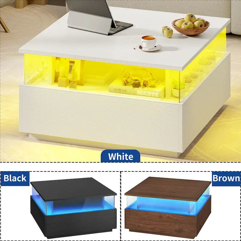 Table basse carrée moderne Moasis avec tiroirs et lumière LED, table de centre en acrylique et bois