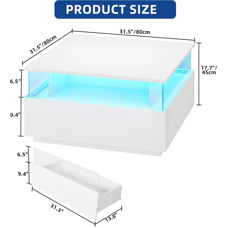 Table basse carrée moderne Moasis avec tiroirs et lumière LED, table de centre en acrylique et bois