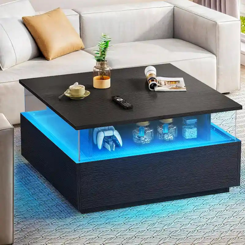 Table basse carrée moderne Moasis avec tiroirs et lumière LED, table de centre en acrylique et bois