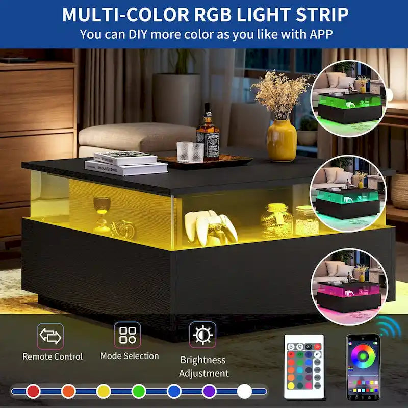 Table basse carrée moderne Moasis avec tiroirs et lumière LED, table de centre en acrylique et bois