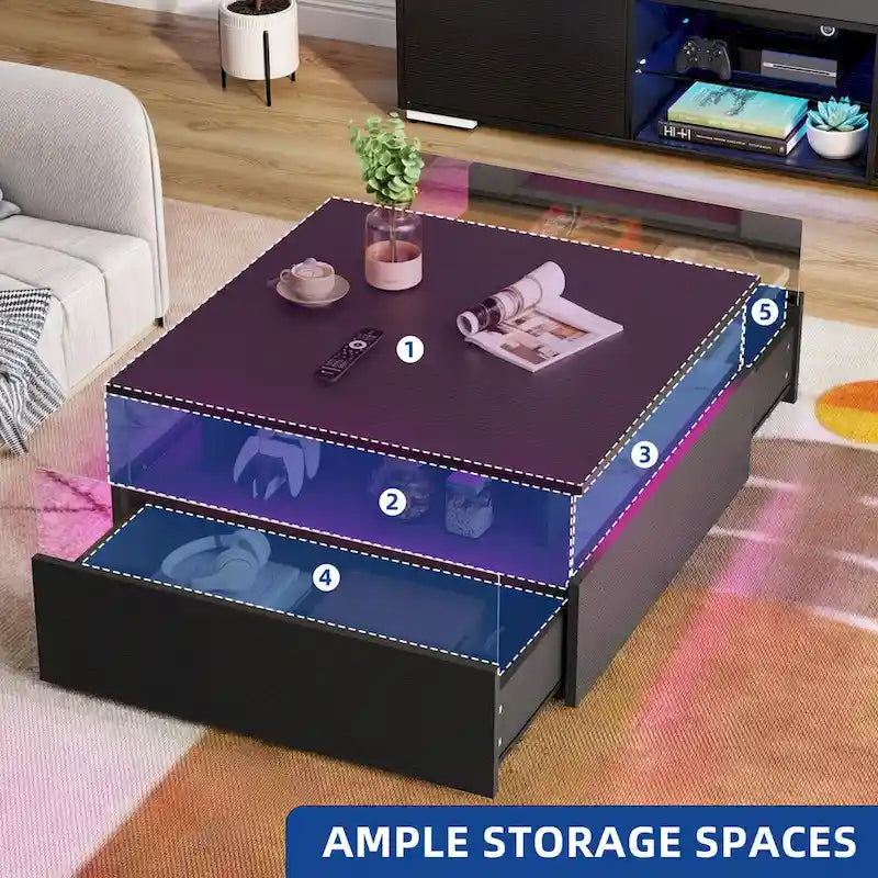 Table basse carrée moderne Moasis avec tiroirs et lumière LED, table de centre en acrylique et bois