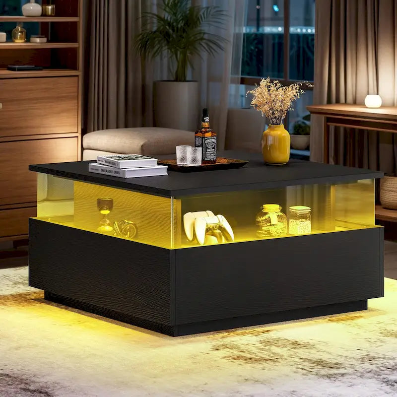 Table basse carrée moderne Moasis avec tiroirs et lumière LED, table de centre en acrylique et bois
