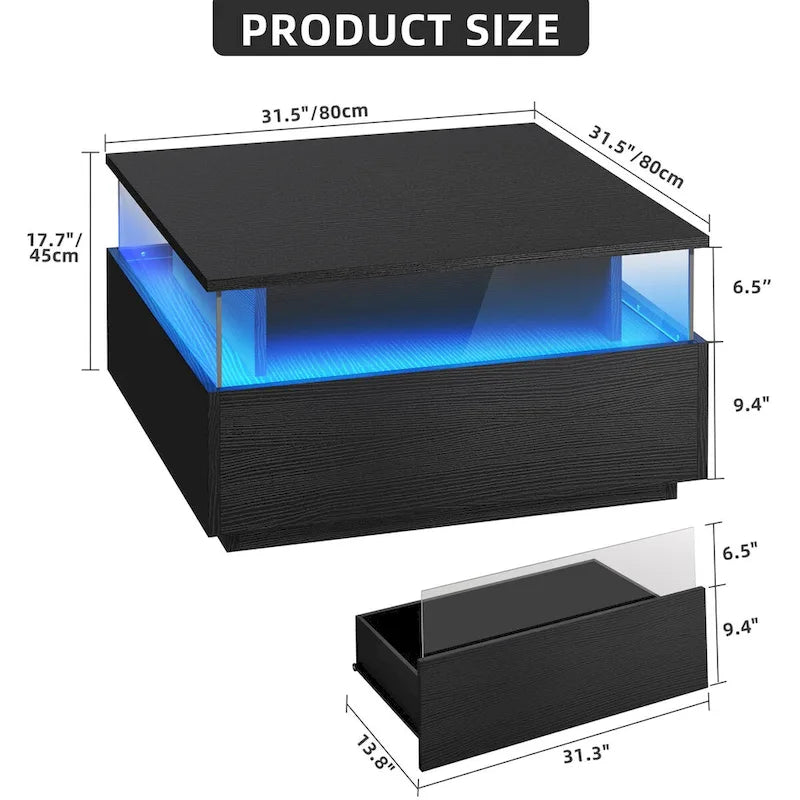 Table basse carrée moderne Moasis avec tiroirs et lumière LED, table de centre en acrylique et bois