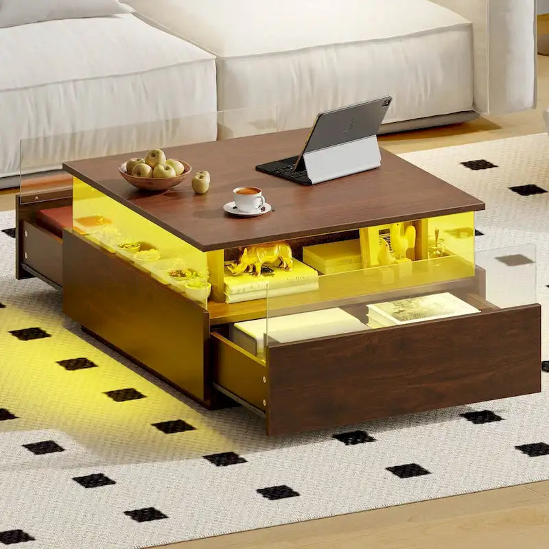 Table basse carrée moderne Moasis avec tiroirs et lumière LED, table de centre en acrylique et bois