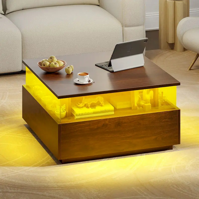 Table basse carrée moderne Moasis avec tiroirs et lumière LED, table de centre en acrylique et bois