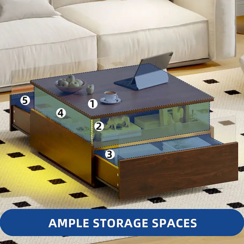 Table basse carrée moderne Moasis avec tiroirs et lumière LED, table de centre en acrylique et bois