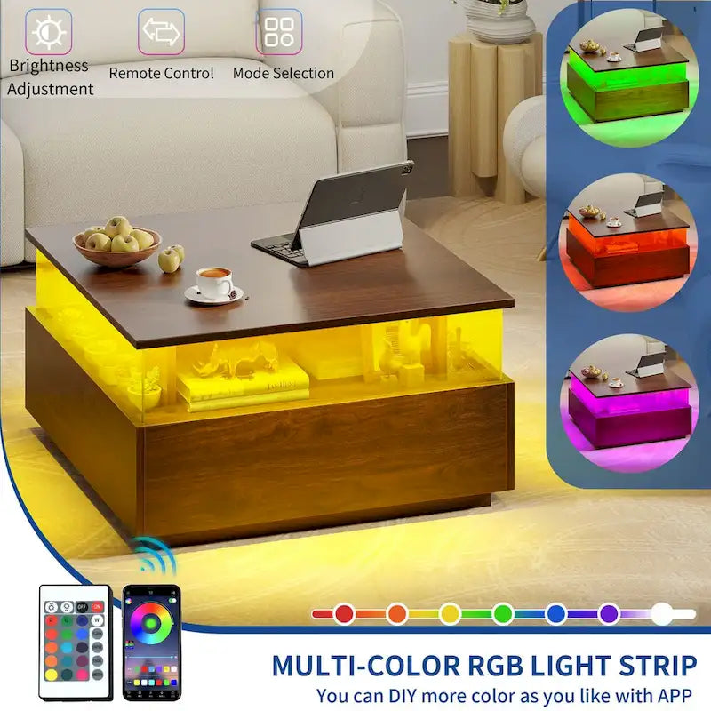Table basse carrée moderne Moasis avec tiroirs et lumière LED, table de centre en acrylique et bois