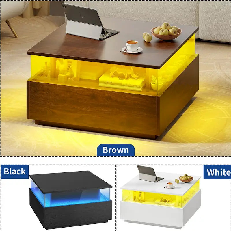 Table basse carrée moderne Moasis avec tiroirs et lumière LED, table de centre en acrylique et bois
