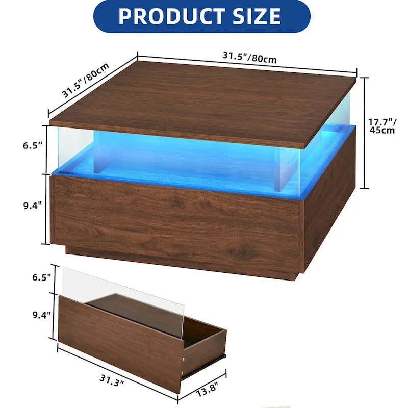 Table basse carrée moderne Moasis avec tiroirs et lumière LED, table de centre en acrylique et bois