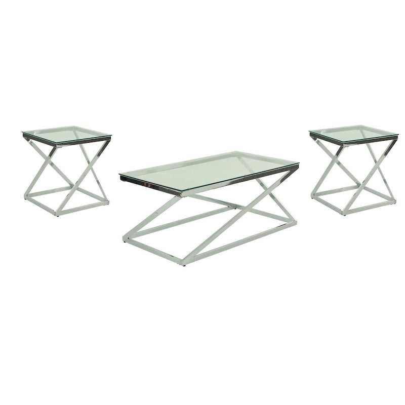 Ensemble de 3 tables basses et tables d'appoint Gen, plateau en verre trempé, piètement en métal chromé