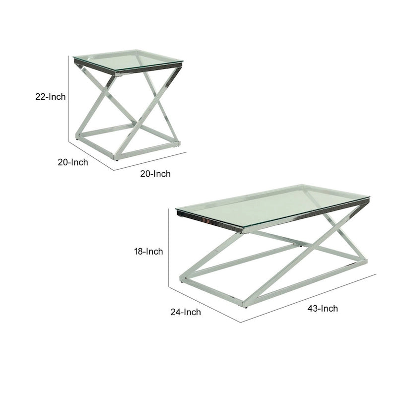 Ensemble de 3 tables basses et tables d'appoint Gen, plateau en verre trempé, piètement en métal chromé