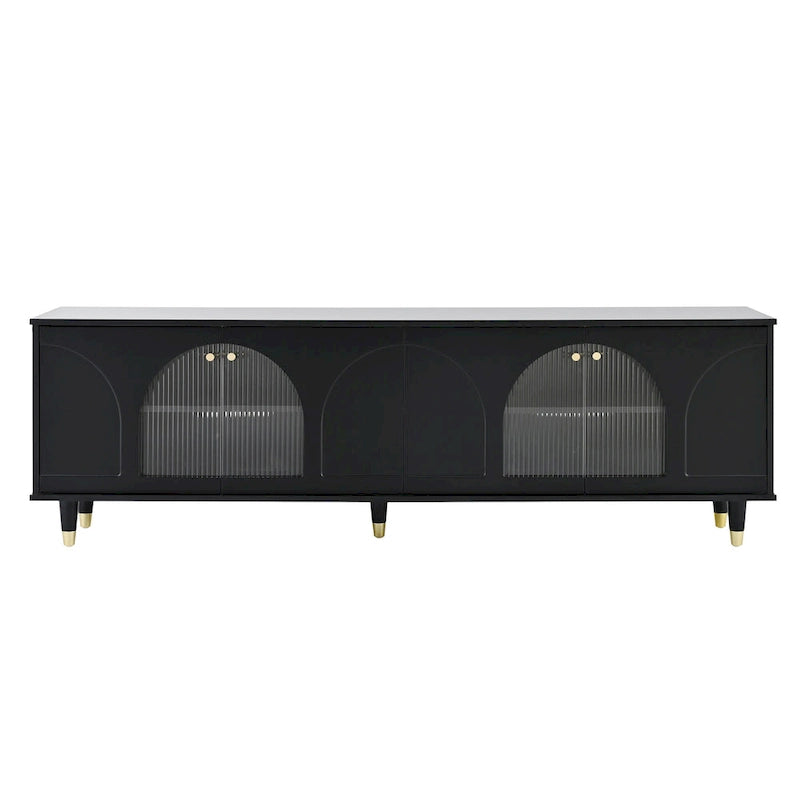Meuble TV élégant avec poignées dorées et portes en verre cannelé en arc de cercle