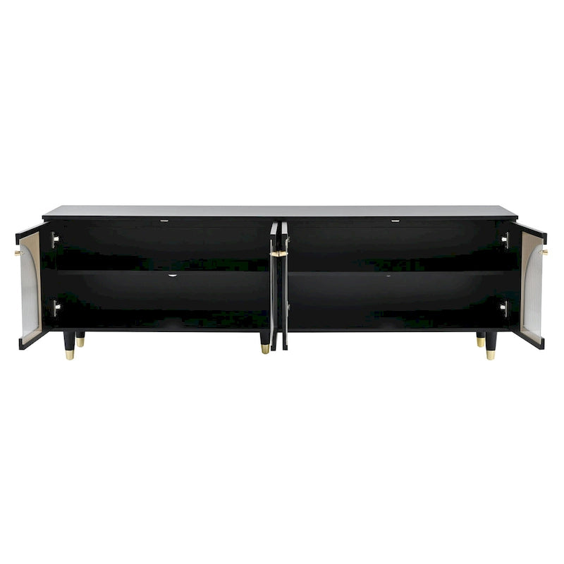Meuble TV élégant avec poignées dorées et portes en verre cannelé en arc de cercle