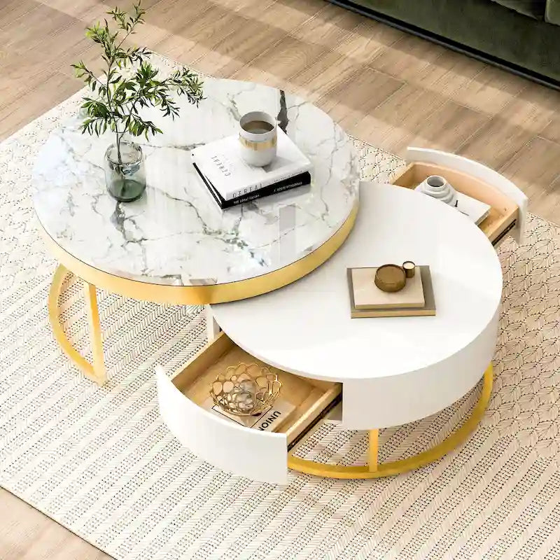Table basse gigogne ronde moderne avec tiroirs