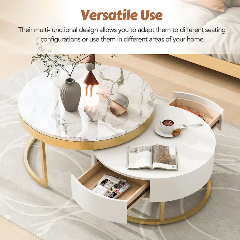 Table basse gigogne ronde moderne avec tiroirs