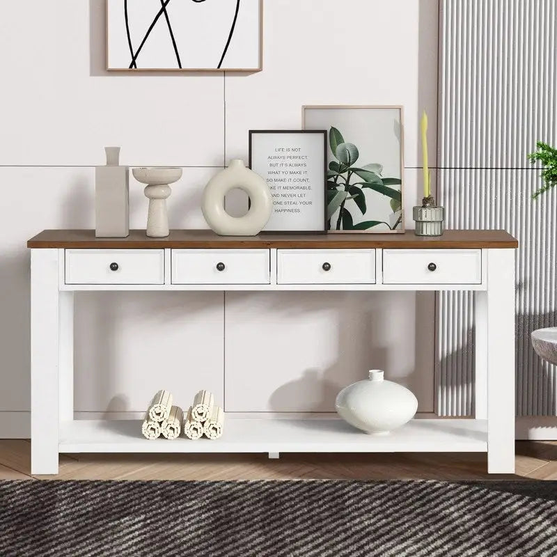 Console en bois de pin avec 4 tiroirs et étagère inférieure pour entrée ou couloir